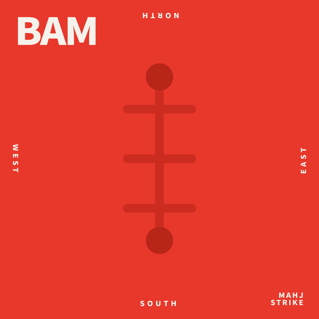 BAM mahjong mat: red square mat with a large bamboo-tile symbol and wind labels