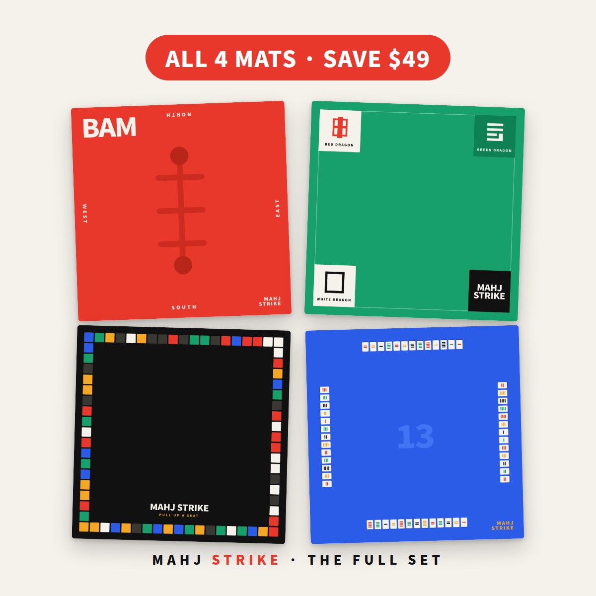 The Full Set: all four Mahj Strike mahjong mats