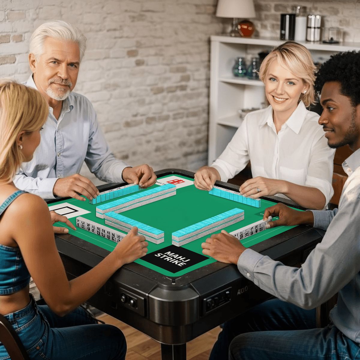 Three Dragons friends playing mahjong on the mat