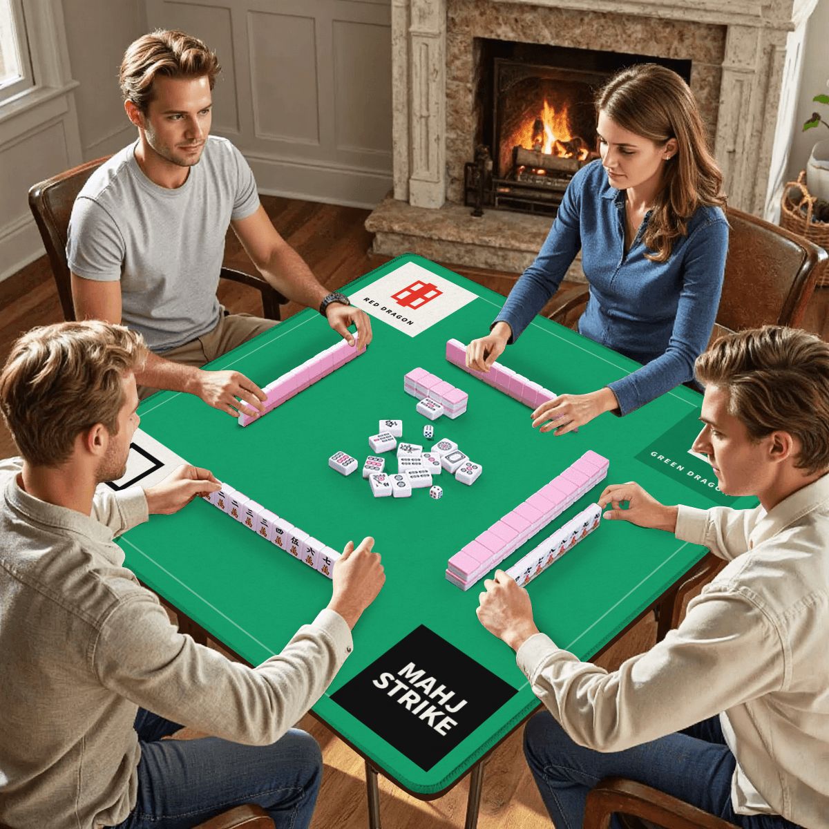 Three Dragons mahjong mat on a table during game night