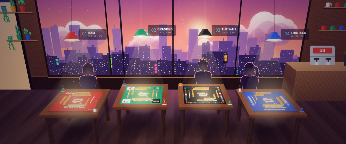 Anime-style Japanese café at dusk with four Mahj Strike mahjong mats on tables: BAM, Three Dragons, The Wall and Thirteen