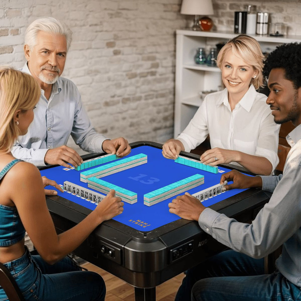 Thirteen friends playing mahjong on the mat